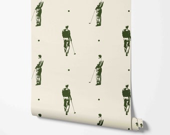 May include: A cream-colored wallpaper with a repeating pattern of a golfer in green silhouette holding a golf club and a small green circle.