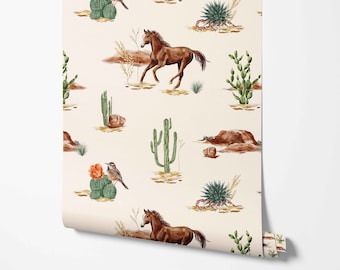 Wild West Wallpaper - Desert, Cactus, Horse Pattern - Removable Peel and Stick Wallpaper by Wild West - Pre-pasted - Non-pasted Materials