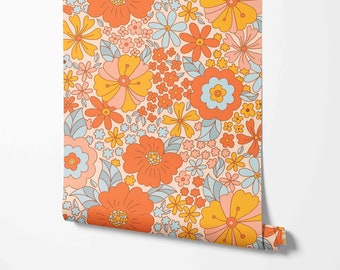 Retro botanisch behang - bloemmotief uit de jaren 60 - verwijderbaar peel-and-Stick-behang van Wild West - voorgelijmd - niet-gelijmde materialen