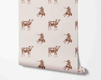 Wild West Wallpaper - Cowboy and Cow Pattern - Removable Peel and Stick Wallcovering by Wild West - Pre-pasted - Non-pasted Materials