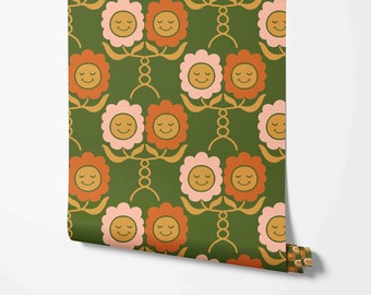 Lächelnde Blumen Tapete - Retro Colorway Blumenmuster - Abnehmbare Tapete von Wild West - Vorgeklebtes - Nicht geklebtes Material