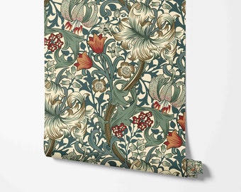 Golden Lily Wallpaper - William Morris Pattern - Removable Peel & Stick Wallpaper by Wild West - Pre-pasted - Non-pasted Materials