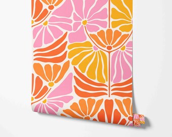 Groovy Wallpaper - Retro vintage bloemenblokpatroon - Verwijderbaar Peel & Stick-behang van Wild West - Voorgelijmd - Niet-gelijmd materiaal