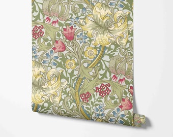 Goldene Lilien-Tapete - William Morris-Muster - Abnehmbares Peel & Stick-Tapete von Wild West - Vorgeklebte - Nicht geklebte Materialien