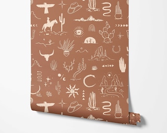 Wild West Wallpaper - Boho Desert Pattern on Woven Look Background - Removable Peel & Stick by Wild West - Pre-pasted - Non-pasted Material
