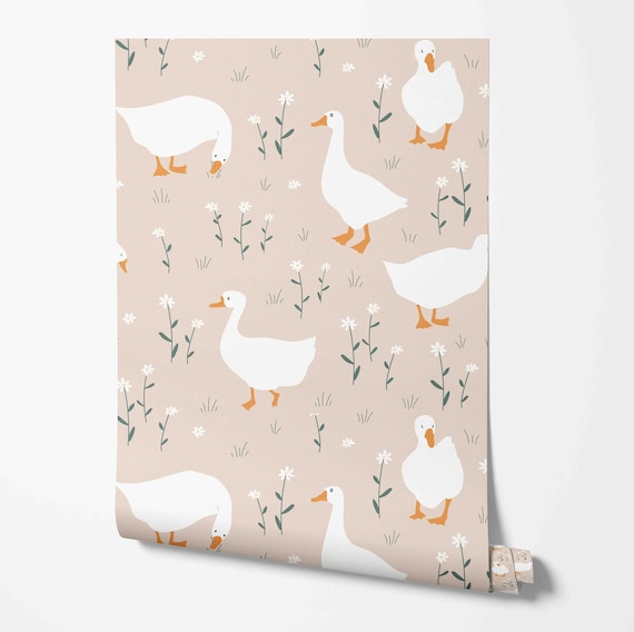 White Geese Wallpaper - Floral Pattern - Removable Peel and Stick Wallcovering by Wild West - Pre-pasted - Non-pasted Materials