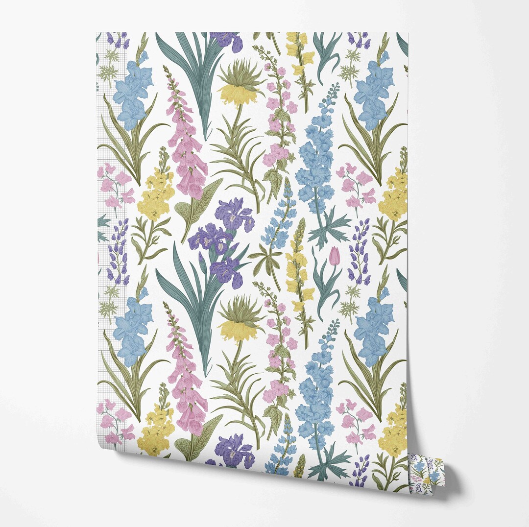 Modern Botanical Wallpaper Gladiolus Pattern White Removable Peel