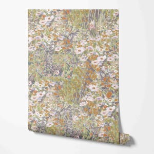 May include: A roll of wallpaper featuring a floral pattern. The design includes white, orange, and pink flowers with green foliage on a light green and gray background. The wallpaper is rolled up, showing the pattern.