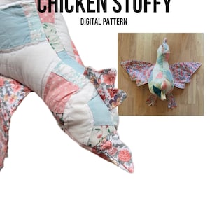 May include: A patchwork fabric chicken toy with a pink, blue and white colour scheme. The toy is lying on its side with its wings spread out. The toy is made from a variety of fabrics, including floral prints and solid colours. The toy is a digital pattern.