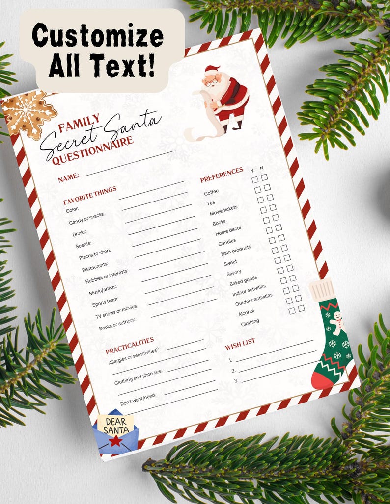 Editable Secret Santa Questionnaire Template | Family Christmas Gift Exchange List | Canva ...