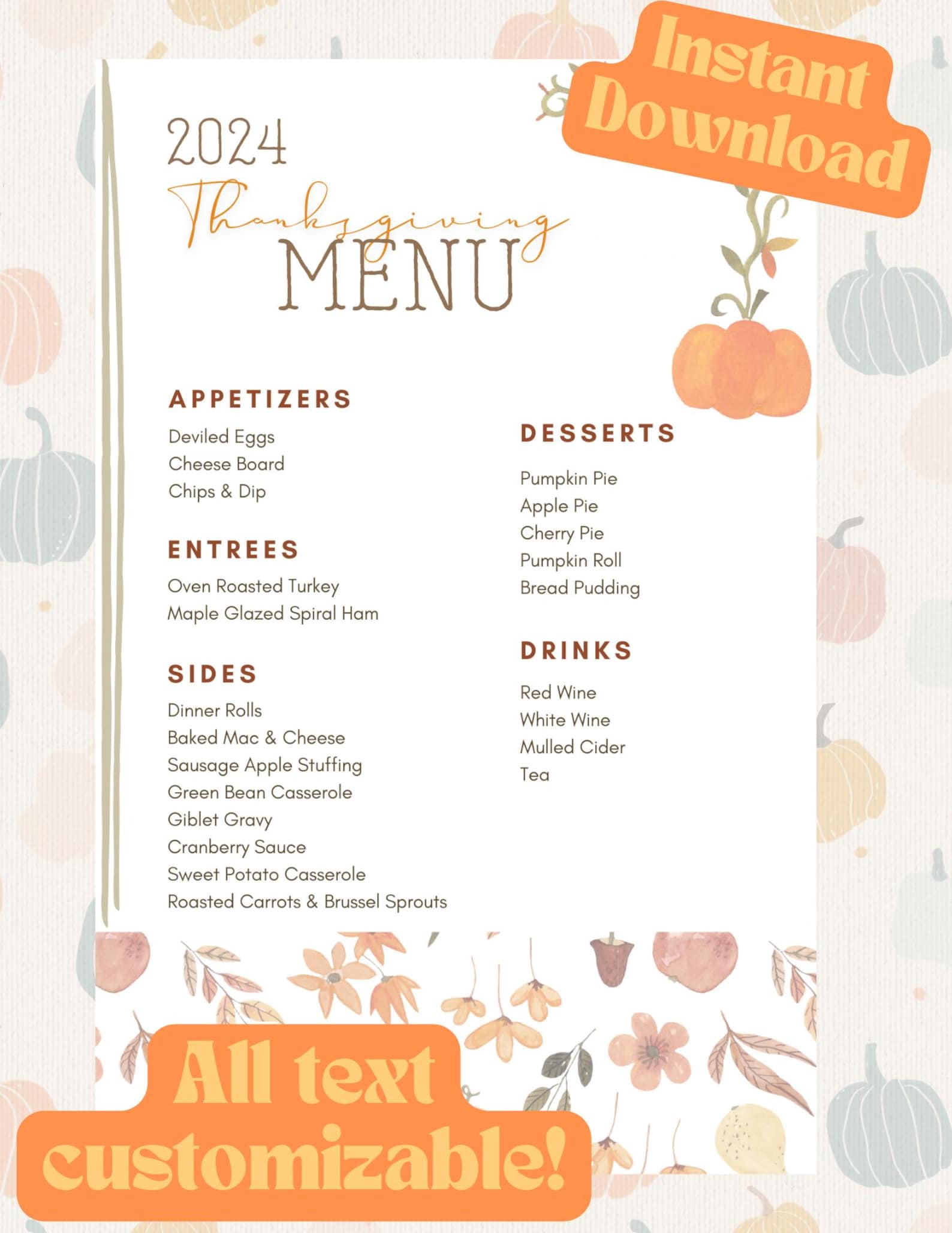 Editable Thanksgiving Menu Template Fall 2024 Customizable Holiday
