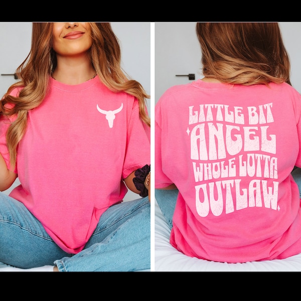 Little Bit Angel Whole Lotta Outlaw Bohemian Cowskull Graphic Tshirt Comfort Colors Womens Tee Gift For Her Western Boho Shirt Oversized Tee