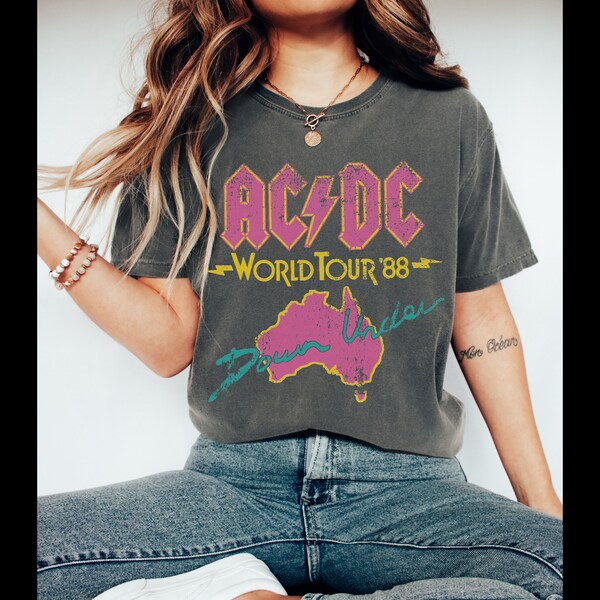 ACDC World Tour '88 Down Under Tshirt Womens Rock Concert Tee 80s Rock Band Trendy Shirt Comfort Colors Womens Vintage Shirts Gift 90s Rock