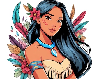 Pode incluir: Ilustração de uma mulher com longos cabelos pretos, adornada com uma flor vermelha e penas coloridas. Ela usa um colar azul, um top bege com franjas e uma pulseira estampada. A imagem tem um estilo de desenho animado em fundo branco.