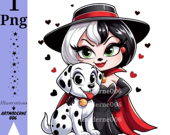 Cruella de vil and dalmatian dog png clipart, villain png, 101