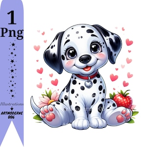 Könnte beinhalten: Cartoon-Illustration eines Dalmatiner-Welpen mit schwarzen Flecken, großen Augen und einem roten Halsband mit Herzanhänger. Rosa Herzen, Blumen und ein roter Apfel umgeben den Welpen. Der Text "1 Png" und "Illustrations ARTMODERNE 006" sind enthalten.