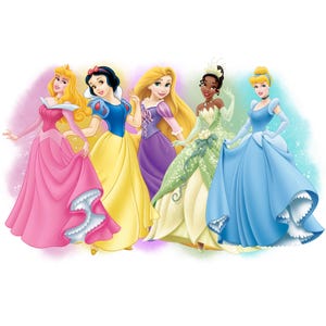 Princesses watercolour background,  Princess png clipart, Princess shirt design, tiana, snow white, cinderella, rapunzel instant download