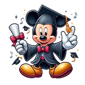 May include: A cartoon illustration of Mickey Mouse dressed in a black graduation gown and cap, holding a diploma in his right hand. He is smiling and has a red bow tie.