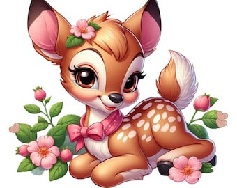 May include: A cute cartoon fawn with brown and white spots, wearing a pink bow and a flower crown. The fawn is surrounded by pink flowers and green leaves.