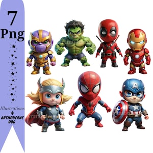 Paquete de imágenes PNG de superhéroes, imágenes lindas de superhéroes, imágenes prediseñadas de superhéroes, Spiderman, Hulk, Iron Man, Thor, Capitán América, descarga instantánea