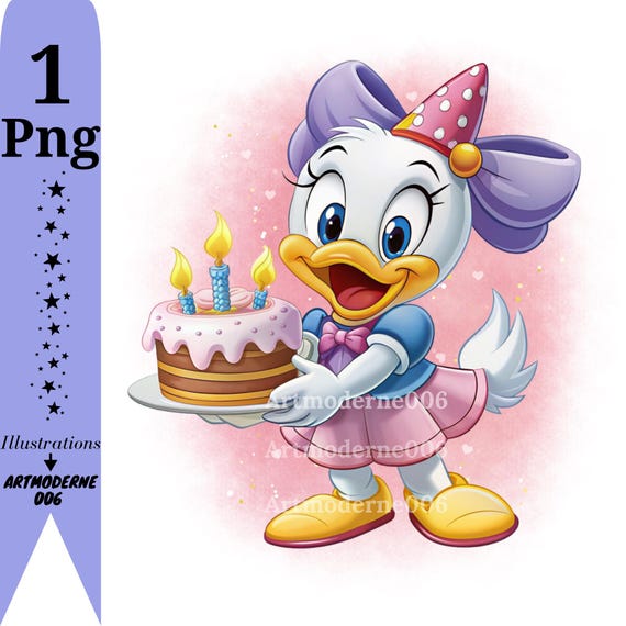 新品★デイジーダック Daisy Duck アヒル デイジー ダック 油絵風 絵 デイジーダックの誕生日、デイジーダックのPNGクリップアート