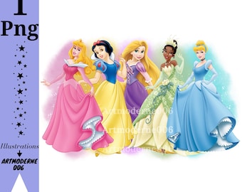 Princesses watercolour background,  Princess png clipart, Princess shirt design, tiana, snow white, cinderella, rapunzel instant download