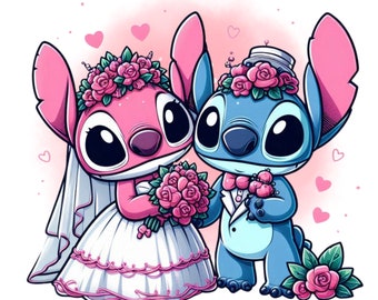 スティッチとエンジェルのウェディングデザイン、スティッチのPNGクリップアート、エンジェルPNG、リロとスティッチのキャラクター、即時ダウンロード