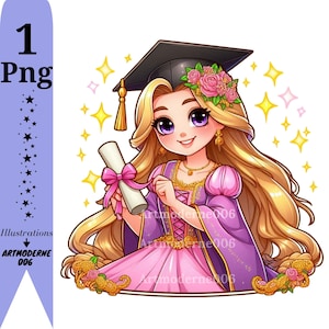 May include: A cartoon illustration of a graduate with long blonde hair, wearing a black graduation cap and a pink and purple gown. She holds a diploma tied with a pink bow. The image includes text that says "1 Png" and "Illustrations ARTMODERNE 006".