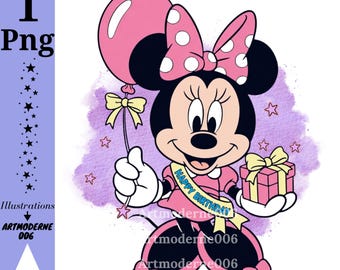 Cumpleaños de Minnie Mouse, imágenes prediseñadas de Minnie Mouse, fondo de acuarela de Minnie Mouse, descarga instantánea