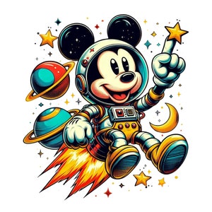 May include: A cartoon illustration of Mickey Mouse as an astronaut, wearing a space helmet and suit, with planets, stars, and a crescent moon in the background. Mickey is pointing at a gold star, with a rocket flame beneath him.