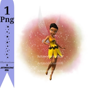 Può includere: Illustrazione digitale di una fata dalla pelle scura, che indossa un abito giallo e nero con dettagli a forma di petalo. La fata ha ali traslucide ed è ambientata su uno sfondo morbido e luminoso. Il testo "1 Png" e "Illustrations ARTMODERNE006" è incluso.