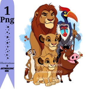 May include: A digital illustration featuring characters from The Lion King. The image includes a lion, lioness, meerkat, warthog, baboon, and hornbill. The background has a light blue watercolor effect. The text "1 Png" and "Illustrations ARTMODERNE 006" are visible.
