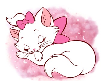 May include: A white cartoon cat with pink ears and a pink bow sleeps on a pink and white cloud background with stars and crescent moons.