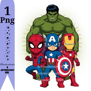 Può includere: Illustrazione digitale con Hulk, Spider-Man, Capitan America e Iron Man. Hulk è verde, gli altri personaggi indossano i loro costumi distintivi. Capitan America tiene uno scudo. Include il testo "1 Png" e "Illustrations ARTMODERNE 006".