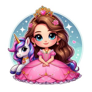 May include: A cartoon princess with long brown hair, wearing a pink dress and a gold crown, sits with a unicorn beside her. The princess has large blue eyes and a pink heart on her crown. The unicorn is white with pink and blue hair.