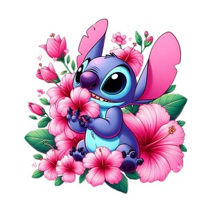 Stitch floral design, stitch png clipart, cute stitch image, lilo and stitch character, instant download