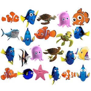Op de afbeelding: Een verzameling cartoon zeedieren, waaronder clownvissen, blauwe doktersvissen, een zeeschildpad, een octopus en een zeester. De karakters zijn in verschillende poses en kleuren, tegen een witte achtergrond. De afbeelding is een levendige weergave van het zeeleven.