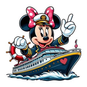May include: A cartoon illustration of Minnie Mouse dressed as a captain, standing on the deck of a blue and yellow cruise ship with a red life preserver and a red heart on the side.