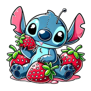 Stitch png clipart, stitch eat strawberry, cute stitch image, lilo and stitch characters, instant download