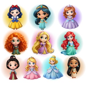 All Princess png bundle, Princesses png clipart, watercolor background, ariel, cinderella, snow white, rapunzel, jasmine, instant download