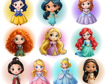 All Prinzessinnen Png Bundle, Prinzessinnen Png Clipart, Aquarell Hintergrund, Ariel, Cinderella, Schneewittchen, Rapunzel, Jasmin, sofort Download