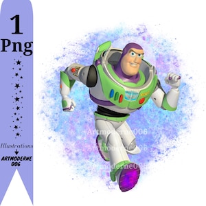 Puede incluir: Ilustración digital de Buzz Lightyear en pose de carrera. El personaje lleva un traje espacial verde, blanco y morado. El fondo presenta un efecto de acuarela azul y morado. La imagen incluye el texto "1 Png" e "Illustrations ARTMODERNE 006".