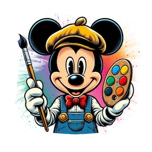 Może przedstawiać: Myszka Miki, w żółtej czapce i kombinezonie, trzyma pędzel i paletę z kolorowymi farbami. Jest otoczony kolorowym, rozbryzganym farbą tłem.