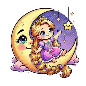 Rapunzel on the moon, Princess rapunzel png clipart, Baby rapunzel, cute rapunzel image, instant download