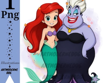 Shirtontwerp de kleine zeemeermin en ursula, prinses ariel png clipart, schurk ursula png, instant download