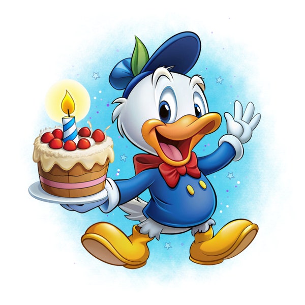 Compleanno di Paperino, clipart png di Paperino, anatra carina, amici di Topolino, download immediato di sfondo acquerello