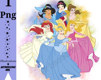 Princesses watercolour background,  Princess png clipart, Princess shirt design, ariel, snow white, aurora, belle, jasmine, instant download