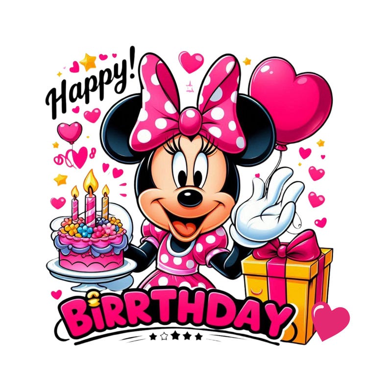 May include: A pink and black cartoon mouse with a pink bow holding a pink and white birthday cake with candles. The text 'Happy!' is above the mouse and the text 'BIRTHDAY' is below the mouse.