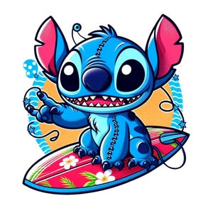 stitch surf design, stitch png clipart, stitch summer, lilo and stitch character, instant download