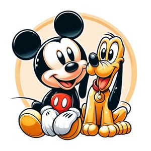 Puede incluir: Una ilustración de dibujos animados de Mickey Mouse y Pluto. Mickey Mouse lleva pantalones cortos rojos y guantes blancos. Pluto es un perro amarillo con orejas negras y un collar rojo.
